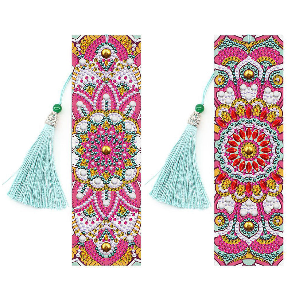 2Pcs de Marque-Pages en Cuir Mandala Beau et Rouge Broderie Diamant