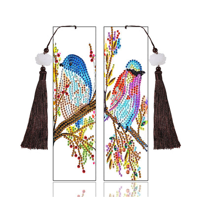 2Pcs de Marque-Pages en Cuir Oiseau Debout sur Une Branche Broderie Diamant