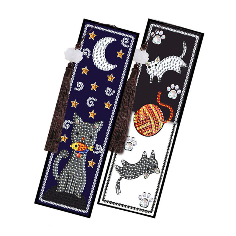 2Pcs de Marque-Pages en Cuir Chats de La Nuit Broderie Diamant