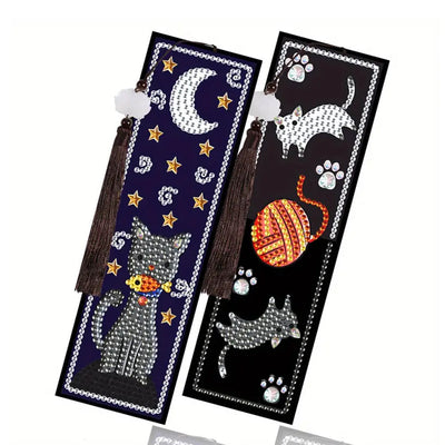 2Pcs de Marque-Pages en Cuir Chats de La Nuit Broderie Diamant