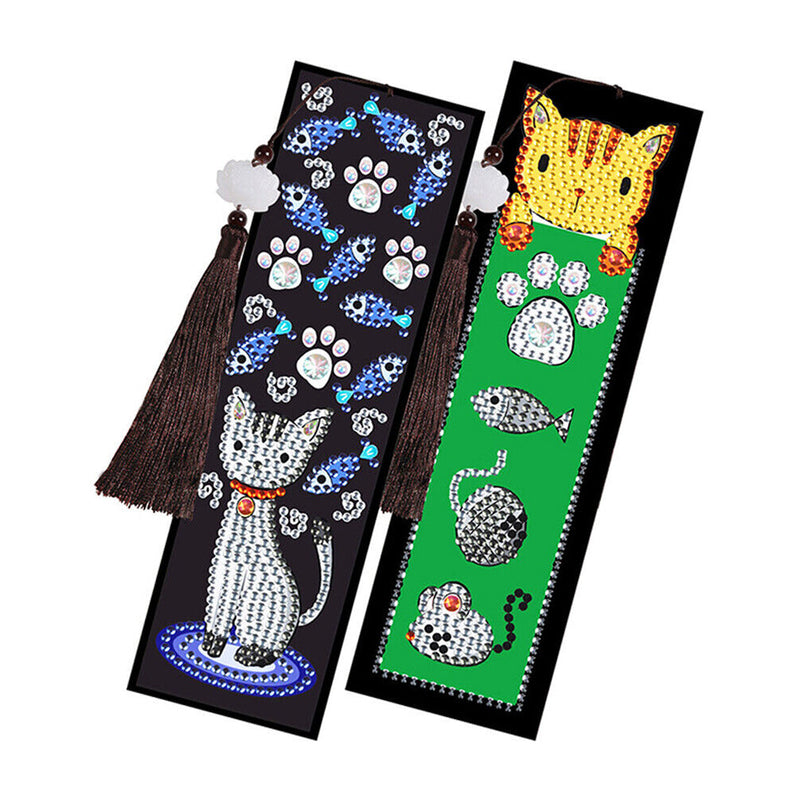 2Pcs de Marque-Pages en Cuir Chat et Poisson Broderie Diamant