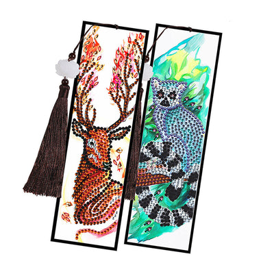 2/4Pcs de Marque-Pages en Cuir Cerf, Panda Rouge, Hibou et Maki à Queue Annelée Broderie Diamant