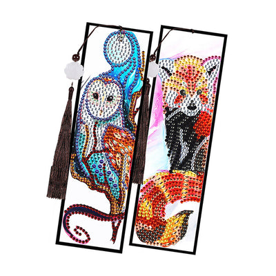 2/4Pcs de Marque-Pages en Cuir Cerf, Panda Rouge, Hibou et Maki à Queue Annelée Broderie Diamant