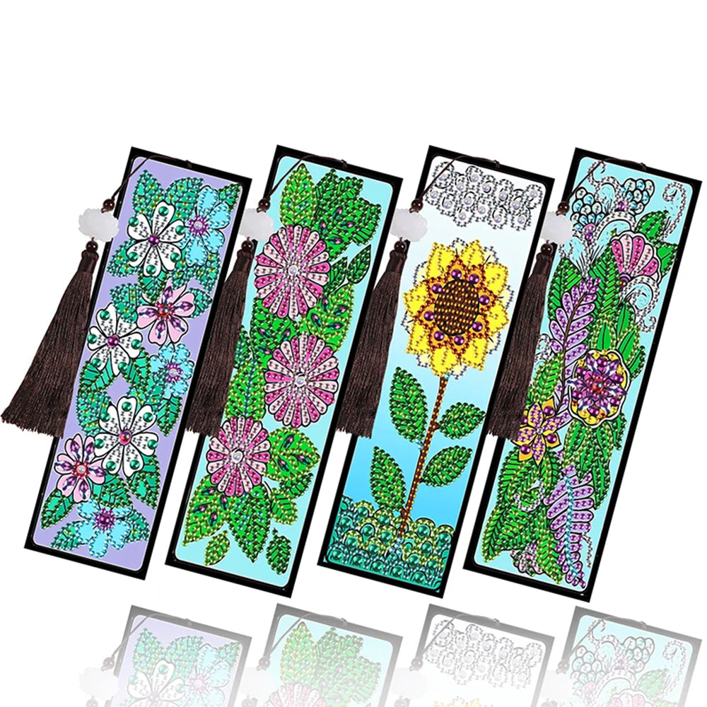 2/4Pcs de Marque-Pages en Cuir Tournesols et Chrysanthèmes Broderie Diamant