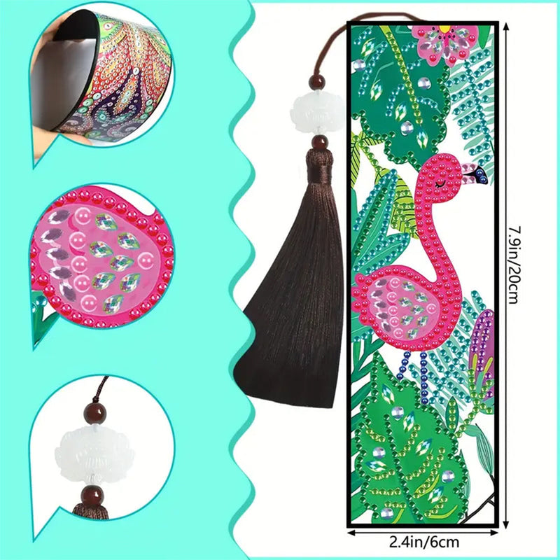 2Pcs de Marque-Pages en Cuir Flamingo et Toucan Animés Broderie Diamant