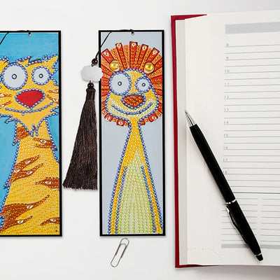 2Pcs de Marque-Pages en Cuir Tigre et Lion Animés Broderie Diamant