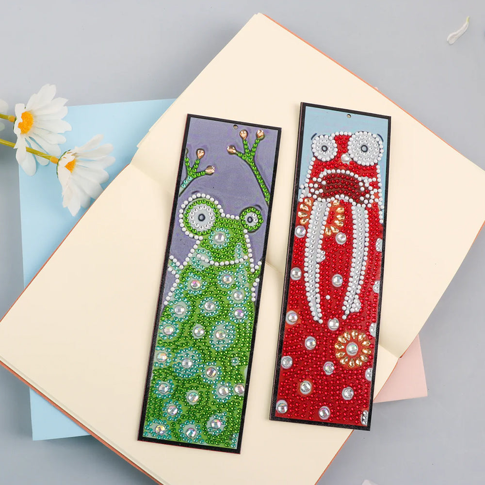 2Pcs de Marque-Pages en Cuir Grenouille et Lapin Animés Broderie Diamant