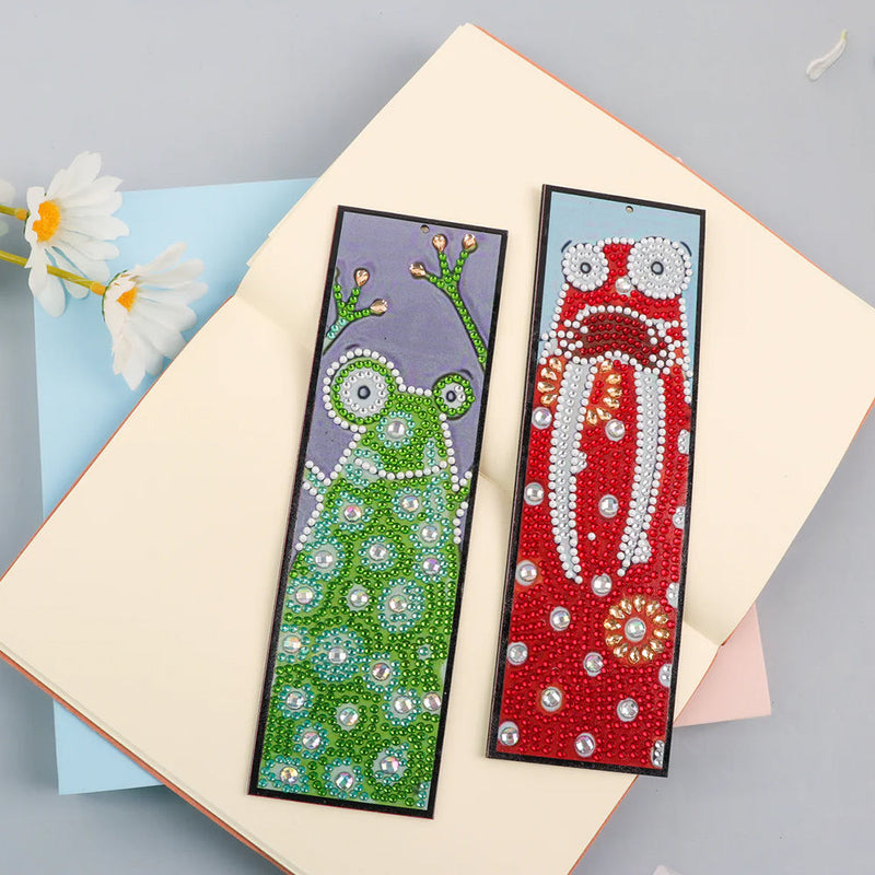 2Pcs de Marque-Pages en Cuir Grenouille et Lapin Animés Broderie Diamant