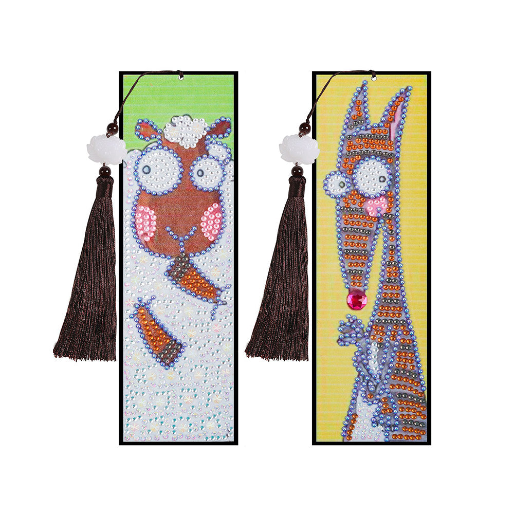 2Pcs de Marque-Pages en Cuir Mouton et Kangourou Animés Broderie Diamant
