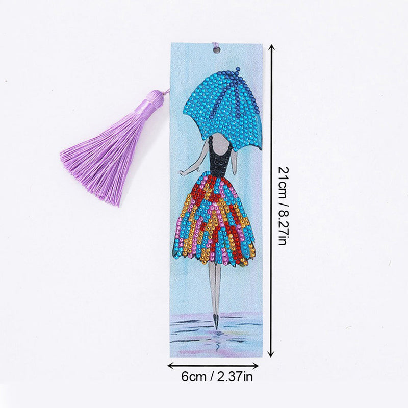 Marque-Pages en Cuir Femme Tenant Le Parapluie Broderie Diamant