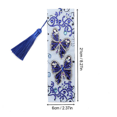 Marque-Pages en Cuir Deux Papillons Bleus Broderie Diamant