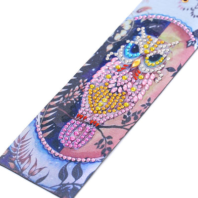 Marque-Pages en Cuir Hibou Rose Mangnifique Broderie Diamant