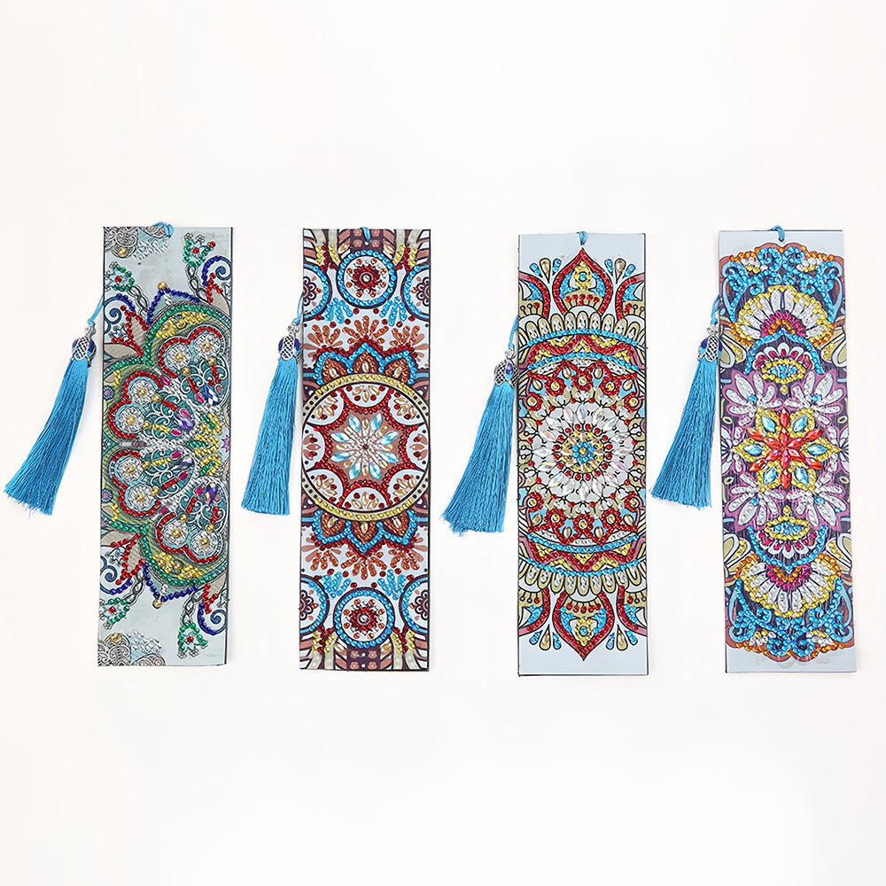 4Pcs de Marque-Pages en Cuir Mandala Vintage Broderie Diamant