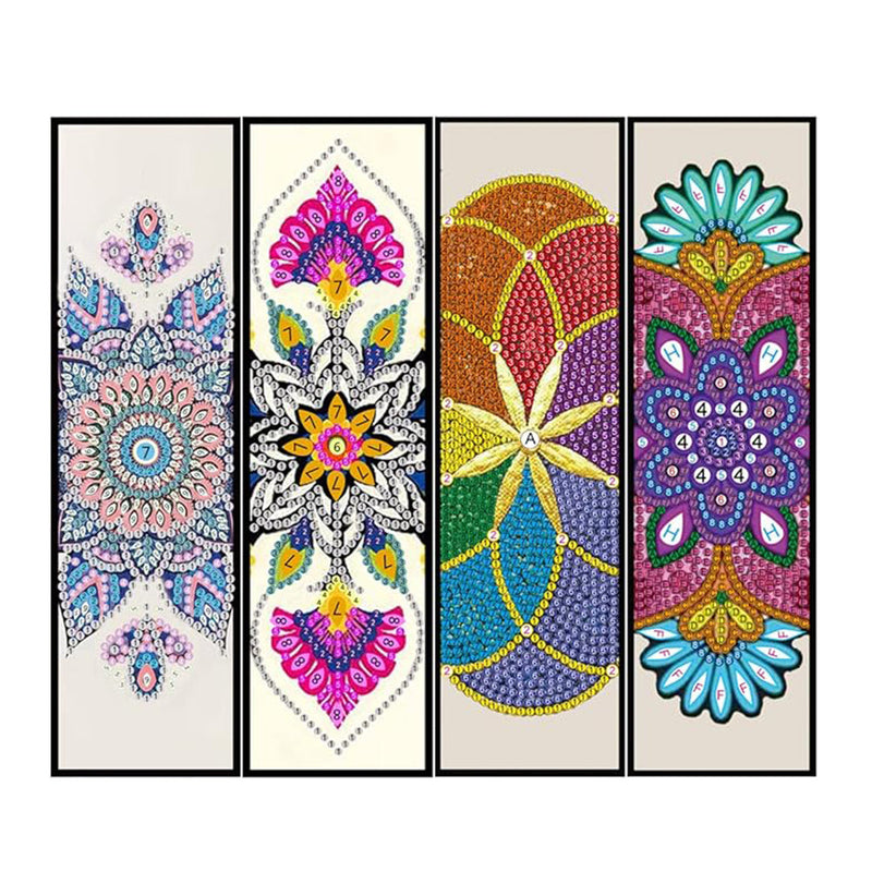 4Pcs de Marque-Pages en Cuir à Motif Mandala Symétrique Broderie Diamant