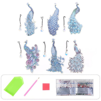 6Pcs de Marque-Pages Acrylique Paon Bleu Broderie Diamant