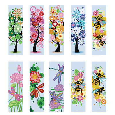 10Pcs de Marque-Pages Acrylique Lotus, Arbres, Abeilles et Libellule Broderie Diamant