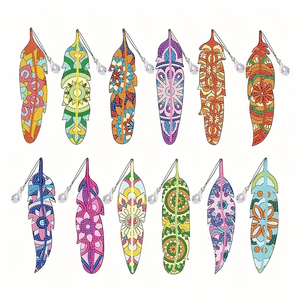 12Pcs de Marque-Pages Acrylique Plumes Colorées Broderie Diamant