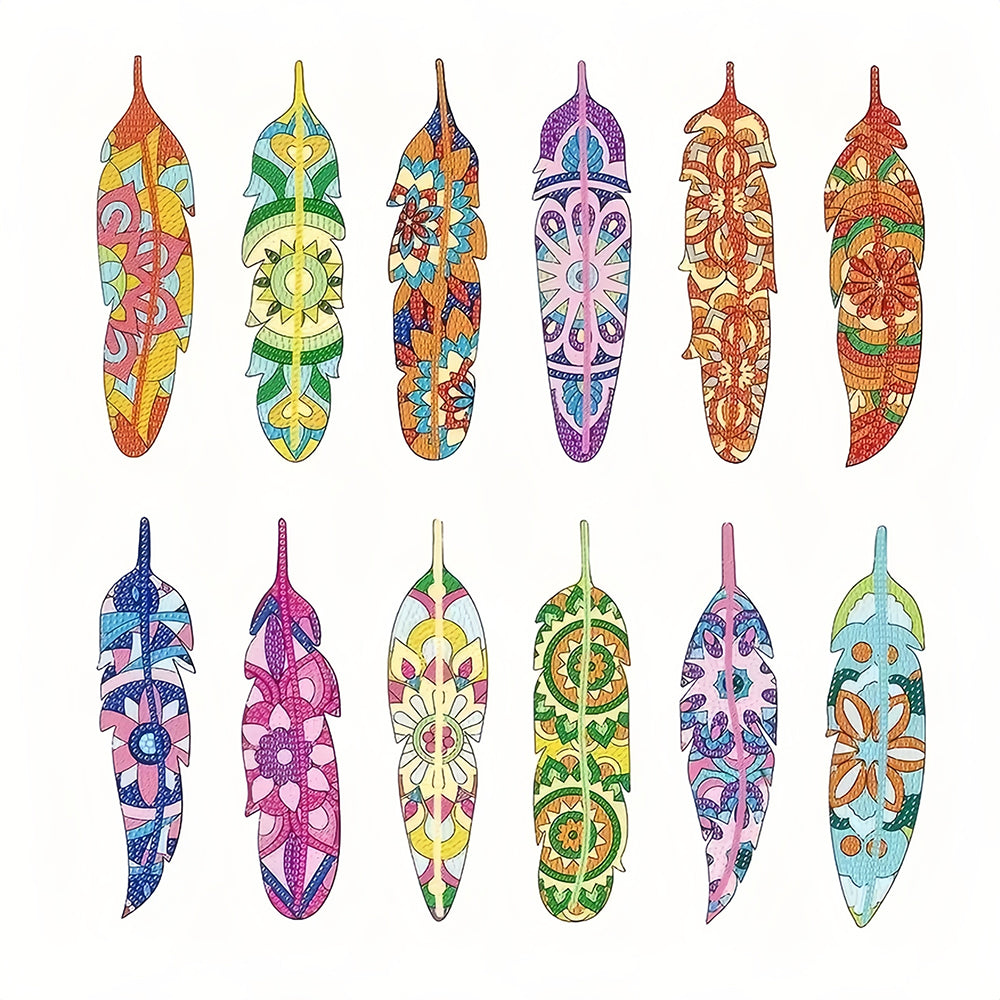 12Pcs de Marque-Pages Acrylique Plumes Colorées Broderie Diamant