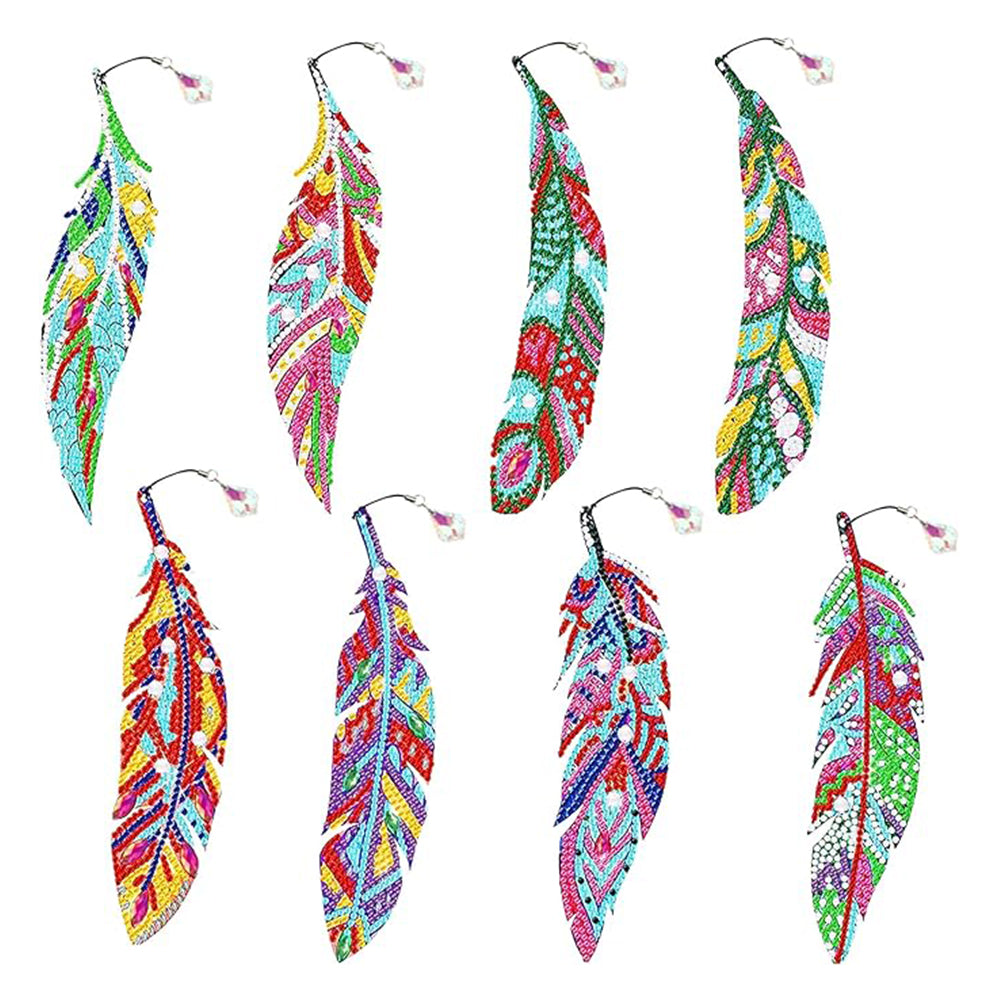 8Pcs de Marque-Pages Acrylique Plumes Colorées Broderie Diamant