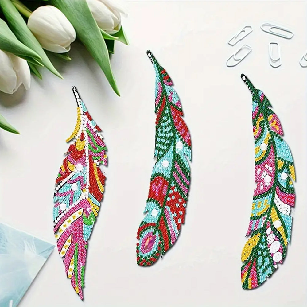 8Pcs de Marque-Pages Acrylique Plumes Colorées Broderie Diamant