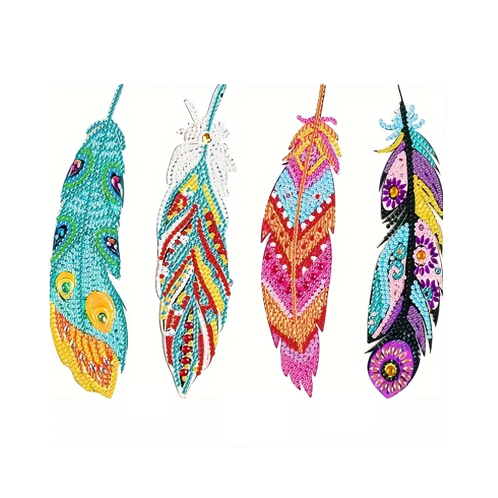 4Pcs de Marque-Pages Acrylique Plumes Colorées Broderie Diamant