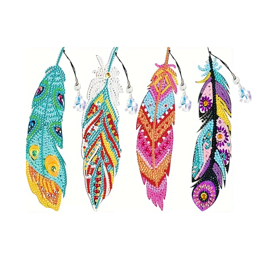 4Pcs de Marque-Pages Acrylique Plumes Colorées Broderie Diamant