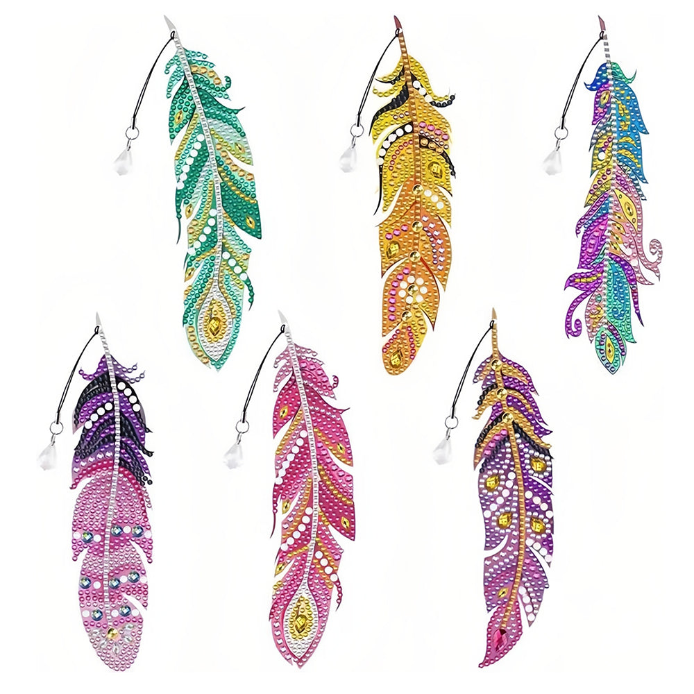6Pcs de Marque-Pages Acrylique Plumes Colorées Broderie Diamant