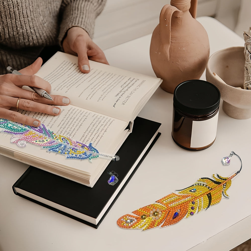 6Pcs de Marque-Pages Acrylique Plumes Colorées Broderie Diamant