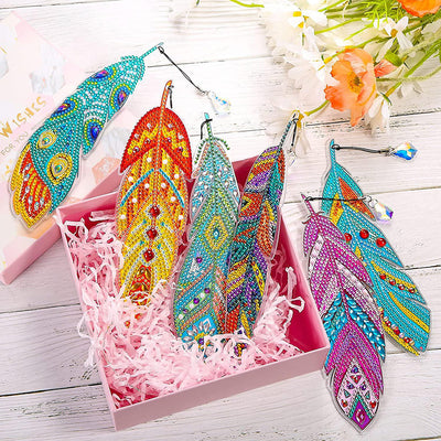 6Pcs de Marque-Pages Acrylique Belles Plumes Broderie Diamant