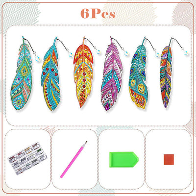 6Pcs de Marque-Pages Acrylique Belles Plumes Broderie Diamant