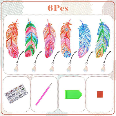 6Pcs de Marque-Pages Acrylique Plumes Douces et Belles Broderie Diamant