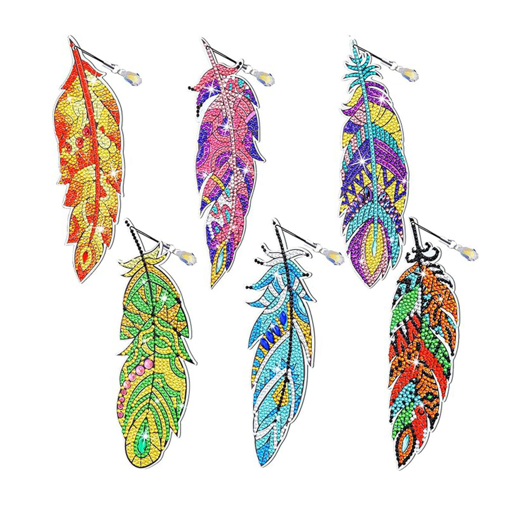 6Pcs de Marque-Pages Acrylique Plumes d'Automne Broderie Diamant