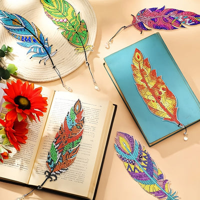 6Pcs de Marque-Pages Acrylique Plumes d'Automne Broderie Diamant