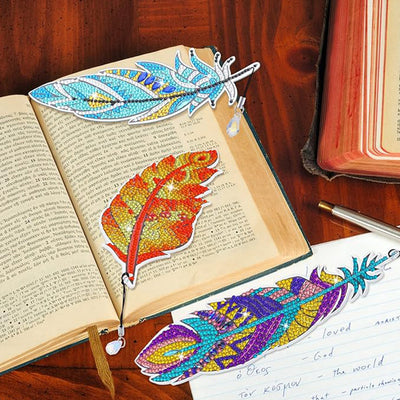 6Pcs de Marque-Pages Acrylique Plumes d'Automne Broderie Diamant