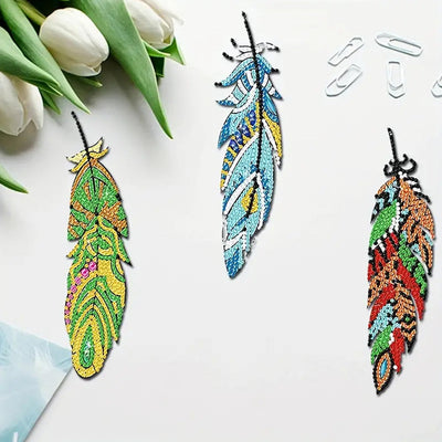 6Pcs de Marque-Pages Acrylique Plumes d'Automne Broderie Diamant