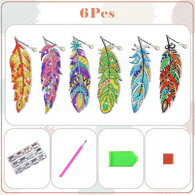 6Pcs de Marque-Pages Acrylique Plumes d'Automne Broderie Diamant