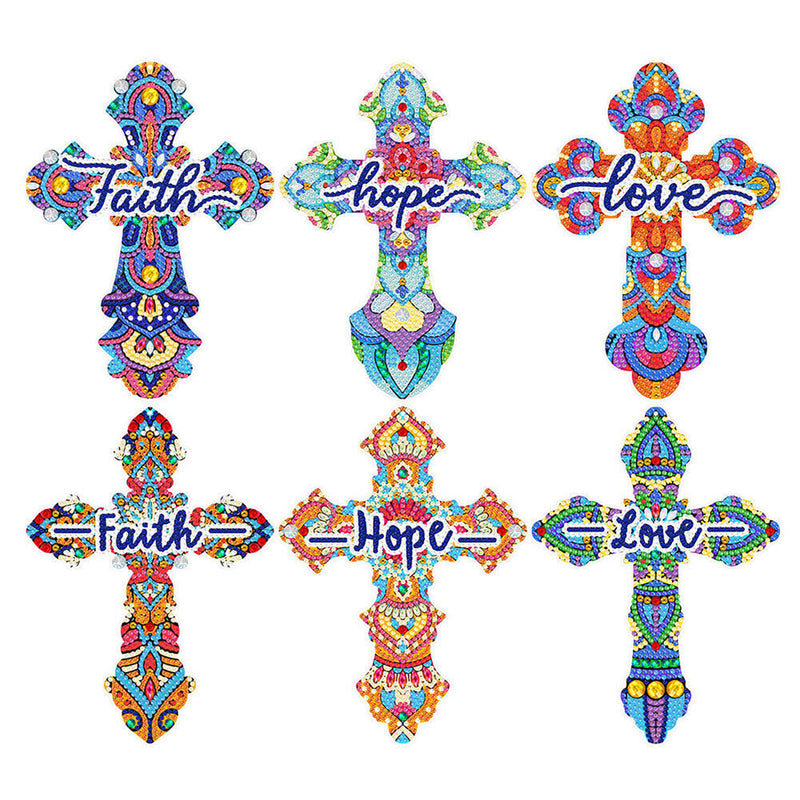 6Pcs de Marque-Pages Acrylique Croix Ornée de Religion Broderie Diamant