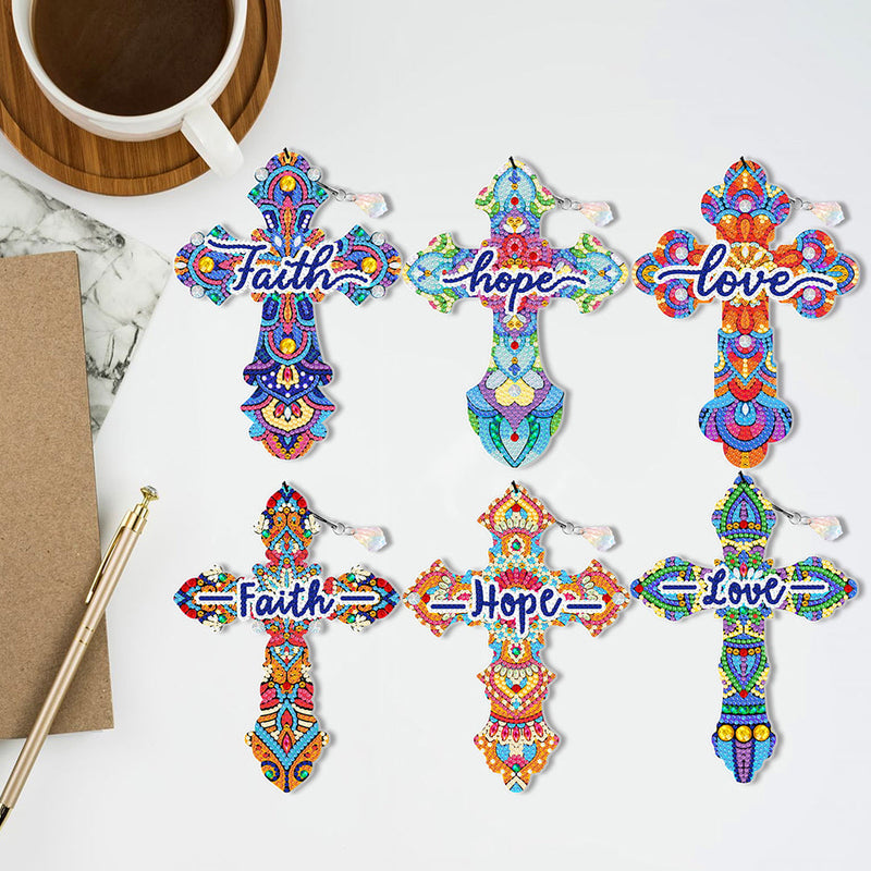 6Pcs de Marque-Pages Acrylique Croix Ornée de Religion Broderie Diamant