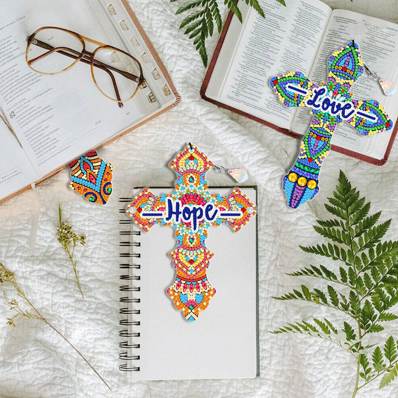 6Pcs de Marque-Pages Acrylique Croix Ornée de Religion Broderie Diamant