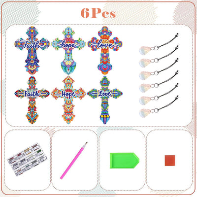 6Pcs de Marque-Pages Acrylique Croix Ornée de Religion Broderie Diamant