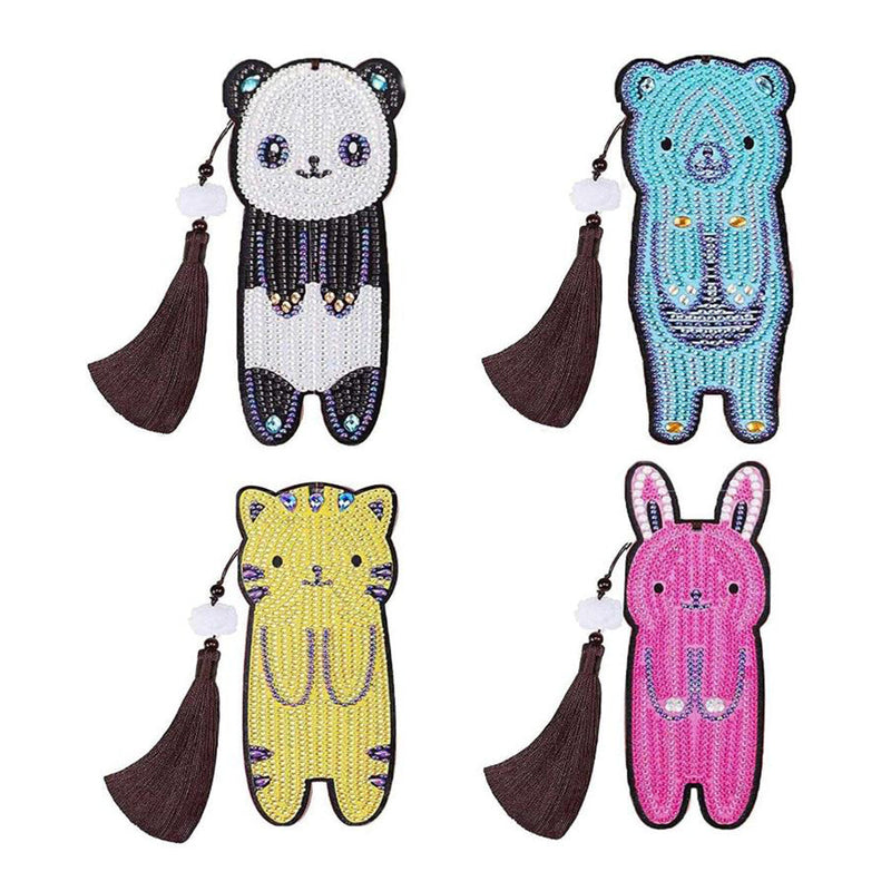 4Pcs de Marque-Pages en Cuir Panda, Ours, Chat et Lapin Broderie Diamant