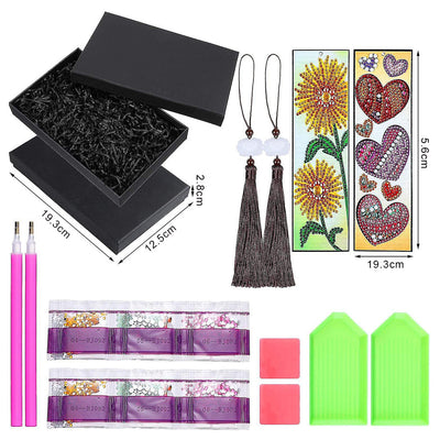 2Pcs de Marque-Pages en Cuir Tournesol et Cœur Rouge Broderie Diamant