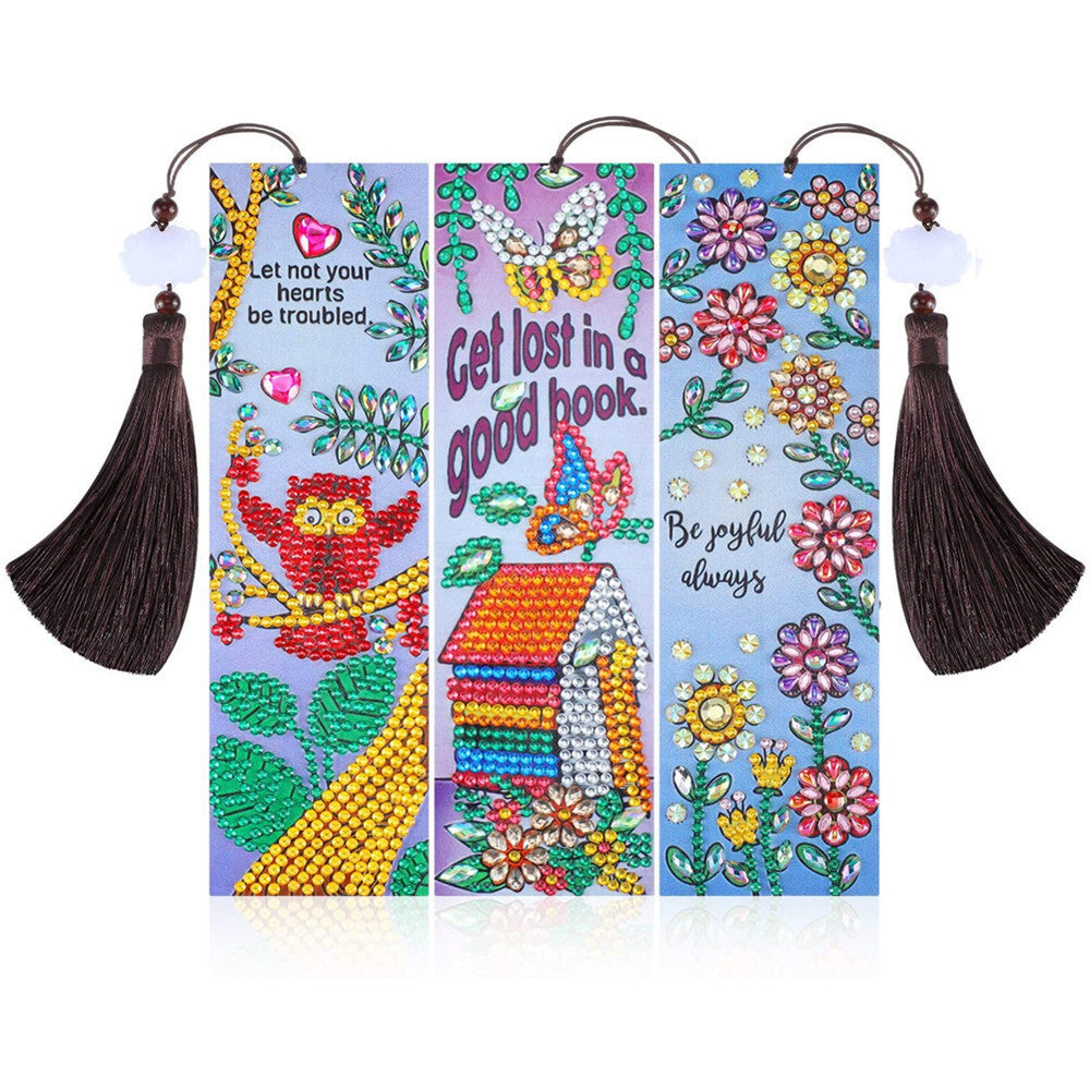 3Pcs de Marque-Pages en Cuir Hibou, Nid et Fleurs Broderie Diamant