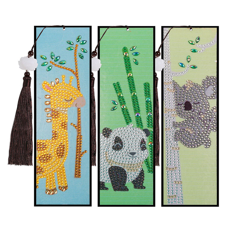 3Pcs de Marque-Pages en Cuir Girafe Animée, Panda et Koaka Broderie Diamant