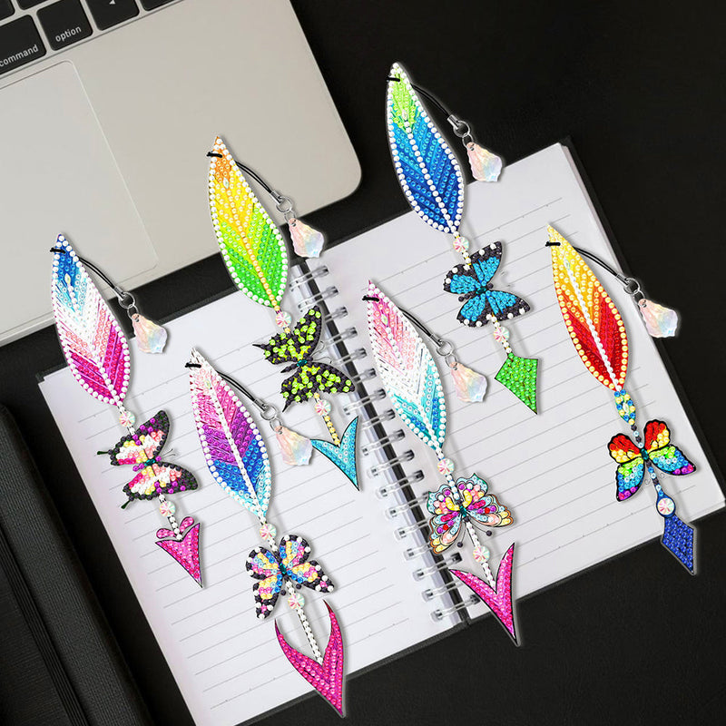 6Pcs de Marque-Pages Acrylique Flèche Plume Papillon Broderie Diamant