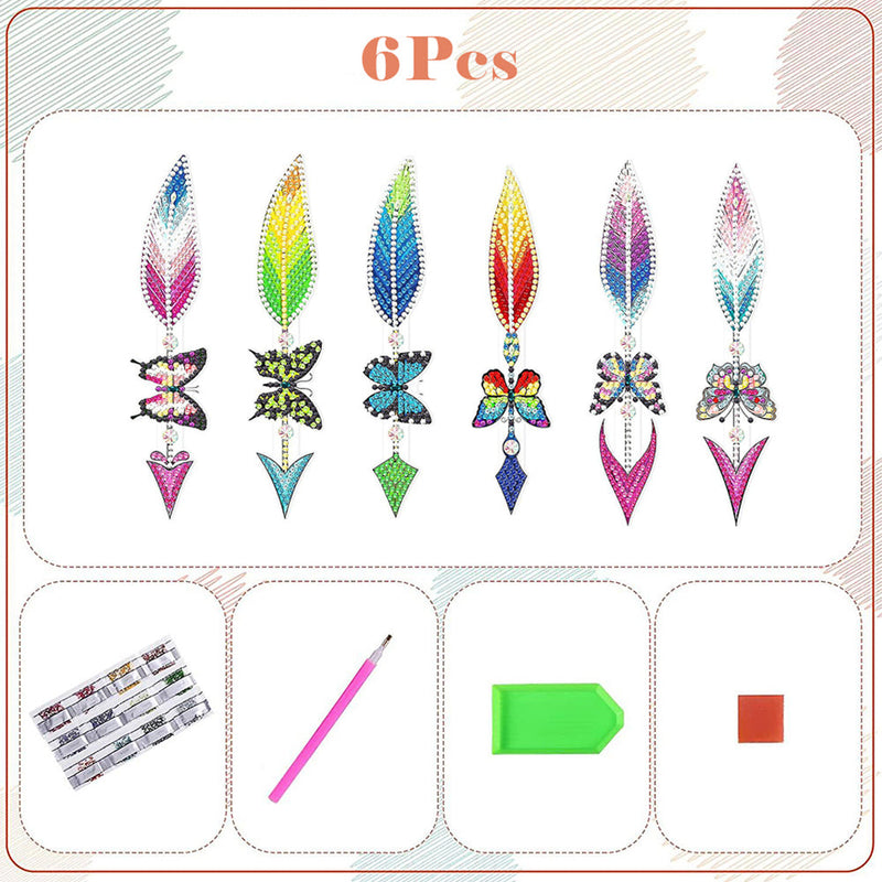 6Pcs de Marque-Pages Acrylique Flèche Plume Papillon Broderie Diamant