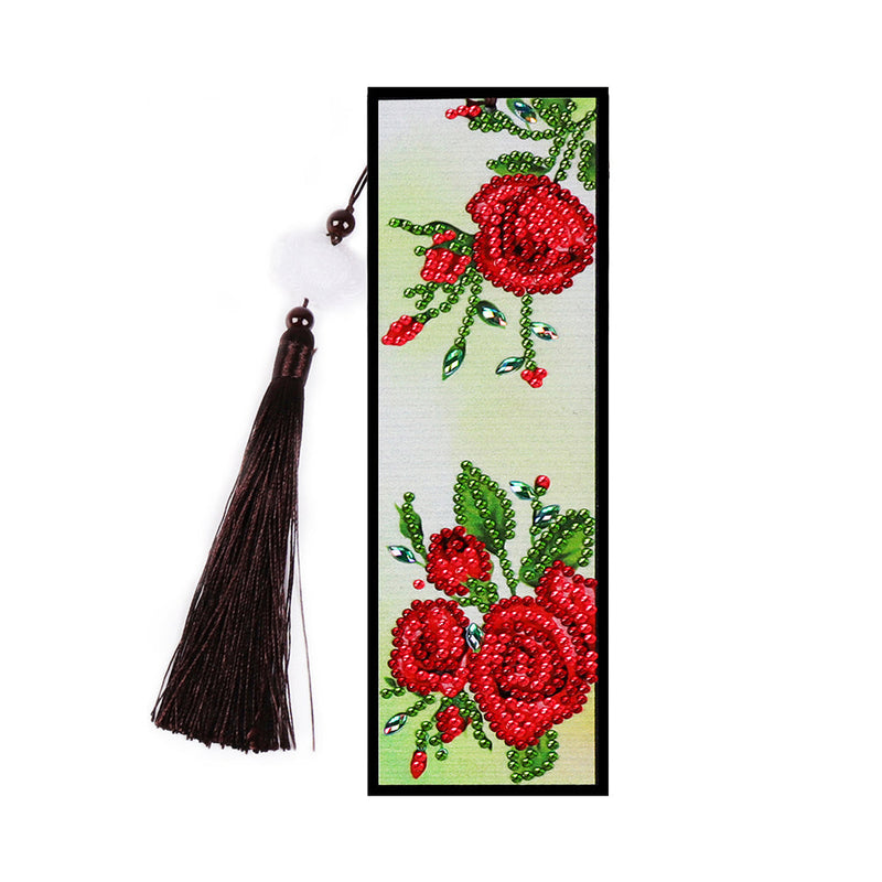 Marque-Pages en Cuir Fleurs Roses Rouges Broderie Diamant