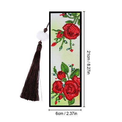 Marque-Pages en Cuir Fleurs Roses Rouges Broderie Diamant