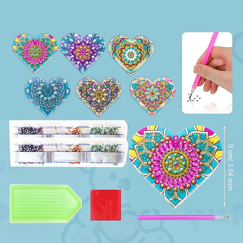 6Pcs de Marque-Pages Avec Coins Protecteurs en PU Mandala de Forme de Cœur Broderie Diamant