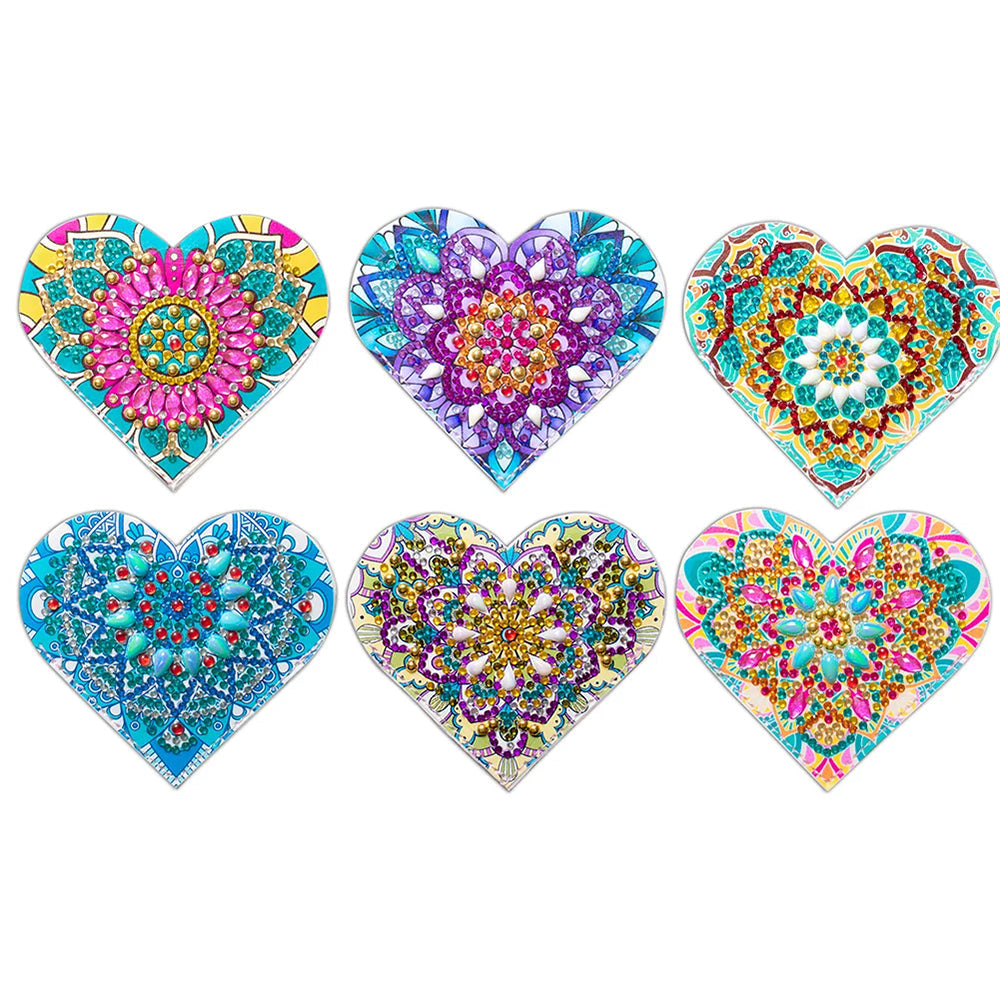 6Pcs de Marque-Pages Avec Coins Protecteurs en PU Mandala de Forme de Cœur Broderie Diamant